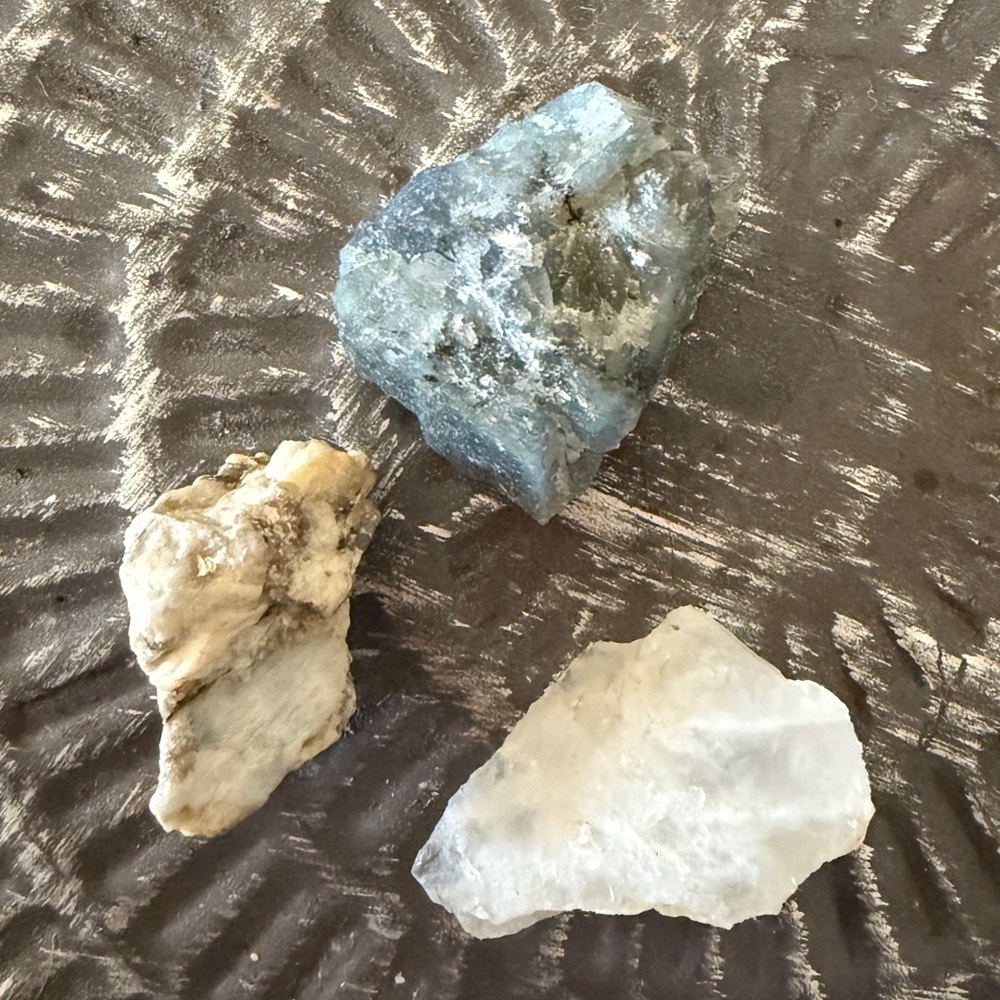 Set of 3 Raw cut quartz crystal and two mineral rock 4” healing stones